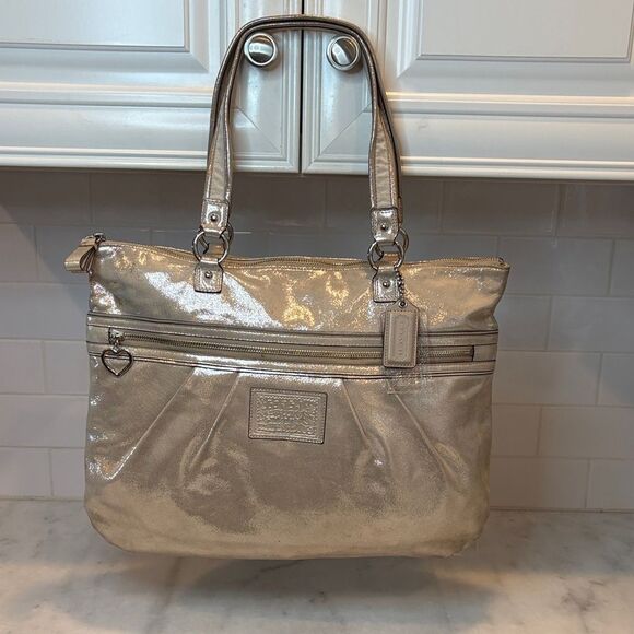 Coach Poppy Daisy Signature Logo Metallic Leather XL Tote Shoulder Bag - Picture 1 of 15